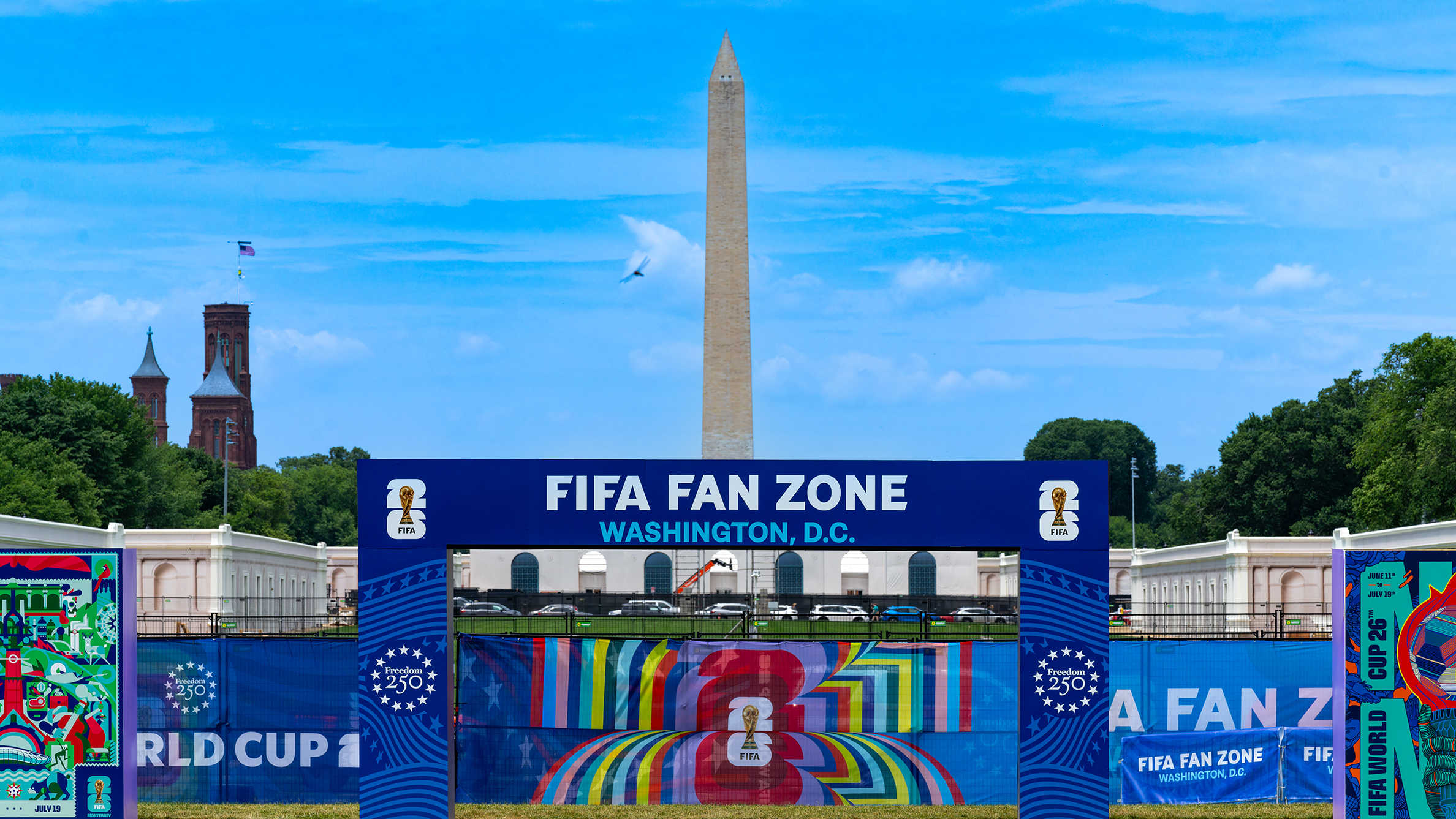 FIFA World Cup Fan Zone with Washington Monument backdrop.