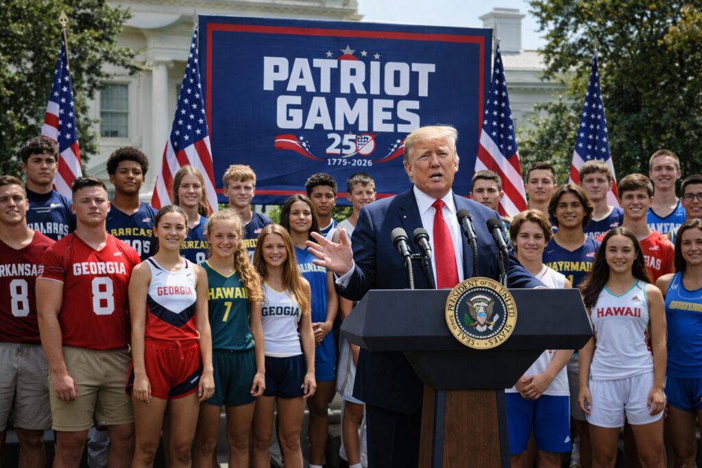 President Donald Trump at the Freedom 250 Patriot Games in Geneva, Ohio.